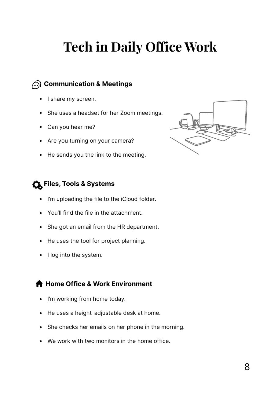 Book page: Tech in Daily Office Work, the same phrases in natural English